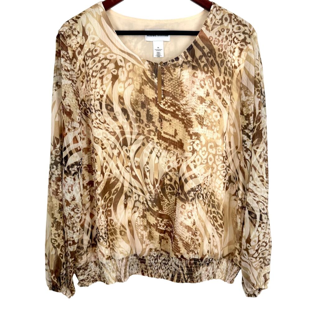 Alfred Dunner Sz XL Long Sleeve Beige Brown Business Office Blouse Shirt Top